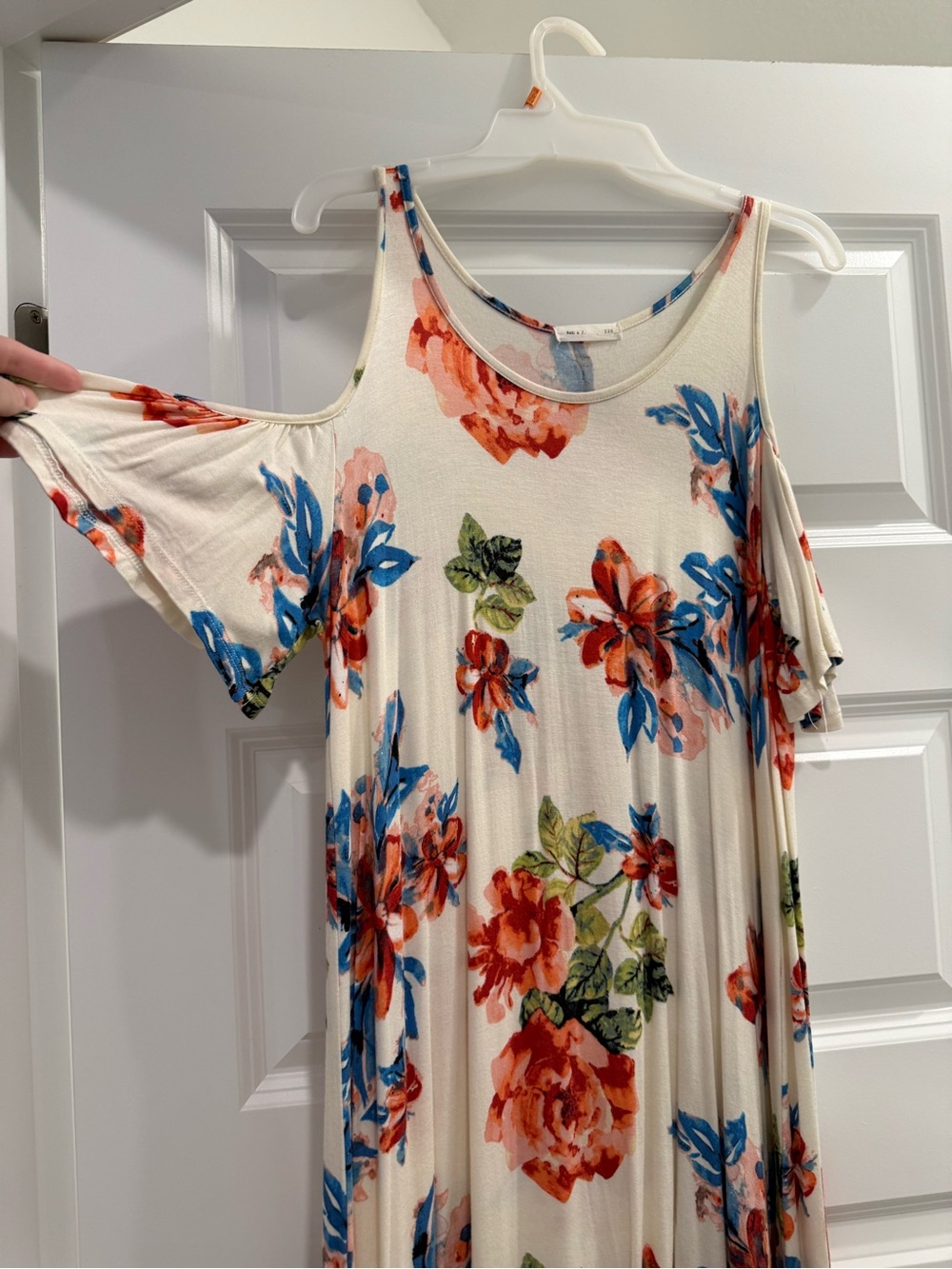 Cream Floral Open-Shoulder Maxi Dress with Blue & Coral Flowers (S)